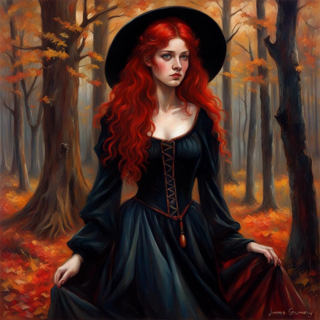 Beautiful Witch in Woodland, Pre-Raphaelite Style