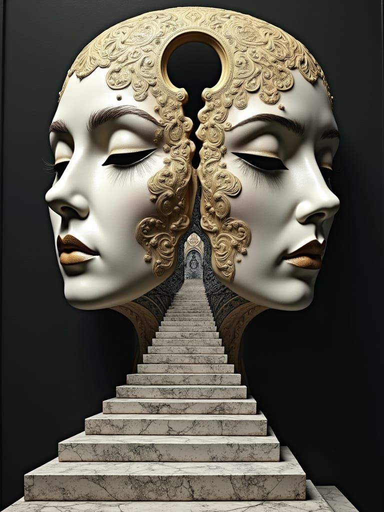 Surreal Carnival Masks in Escher-Inspired Baroque Style
