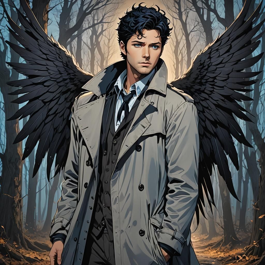 Gothic Anime Angel with Black Wings in Forest