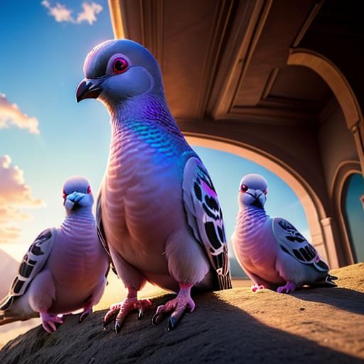 Adorable Pigeons in Rosy Dawn Light