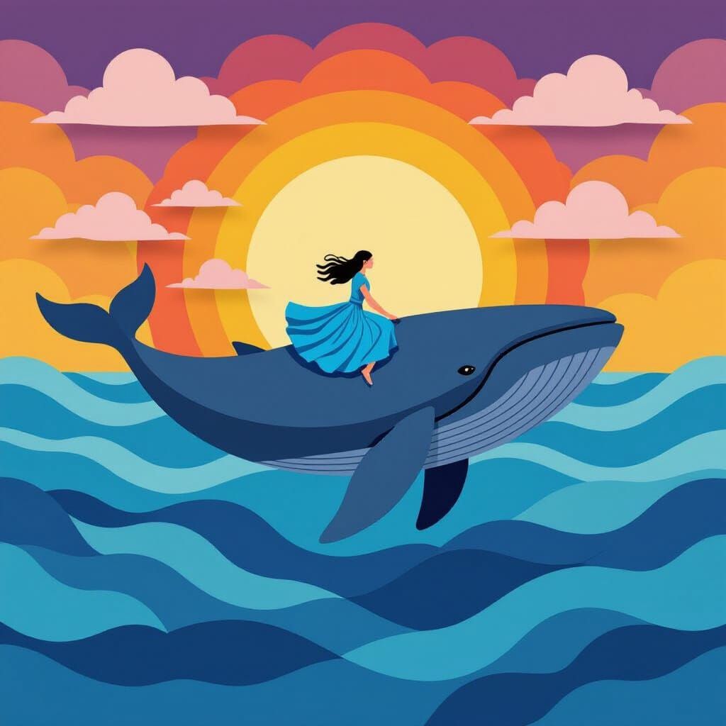 Woman Riding Whale in Purple Ocean, Cut Paper Style