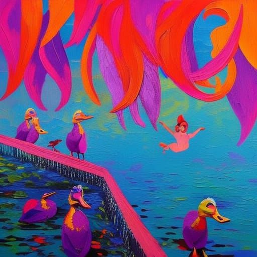 Dancing Ducks Party: Neo-Impressionist Oil Painting