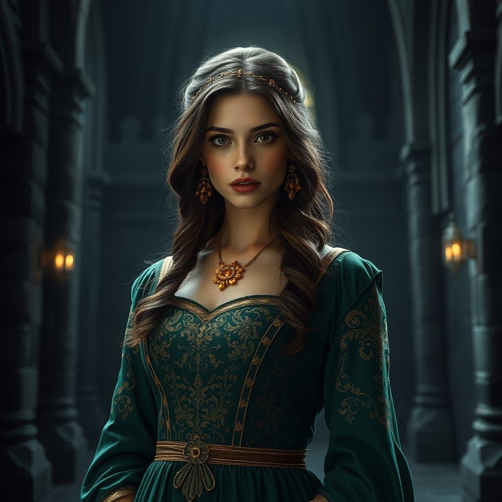 Mysterious Woman in Emerald Dress in Medieval Castle
