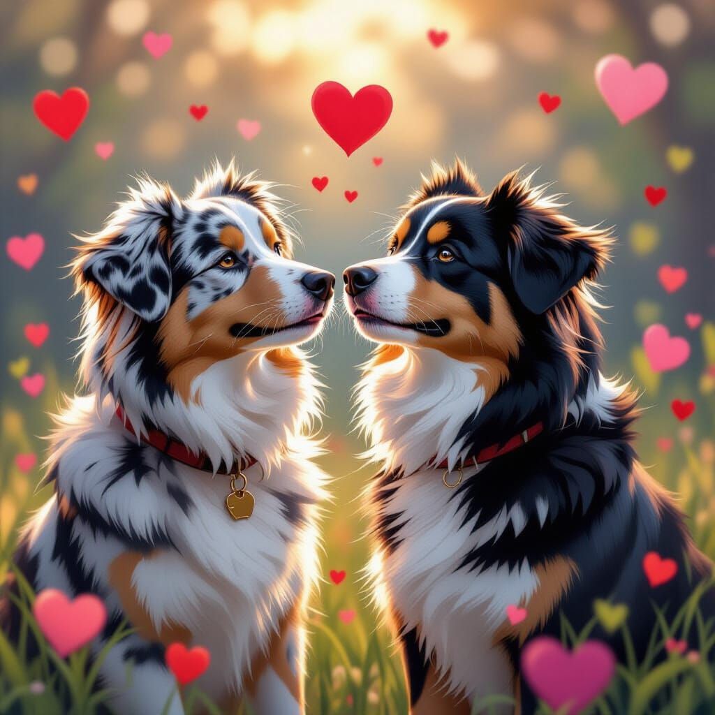Loving Dogs Portrait with Hearts in Concept Art Style