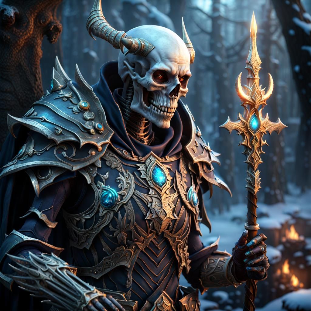 Undead Elf Mage Commands Frost Golem in Detailed Painting