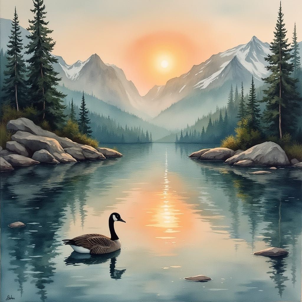 Serene Canada Goose in Breathtaking Banff Mountains Landscap...