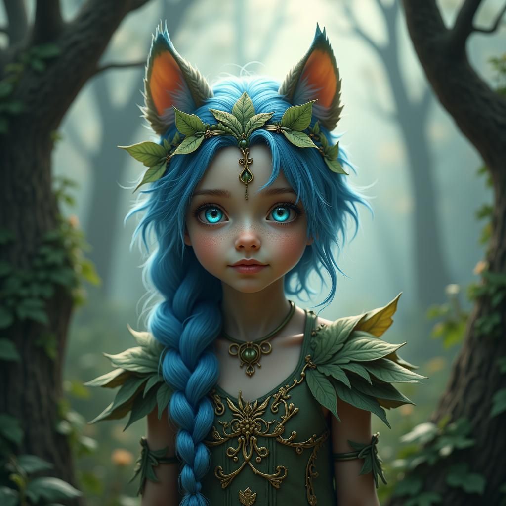 Mystical Forest Humanoid with Blue Eyes and Braided Hair