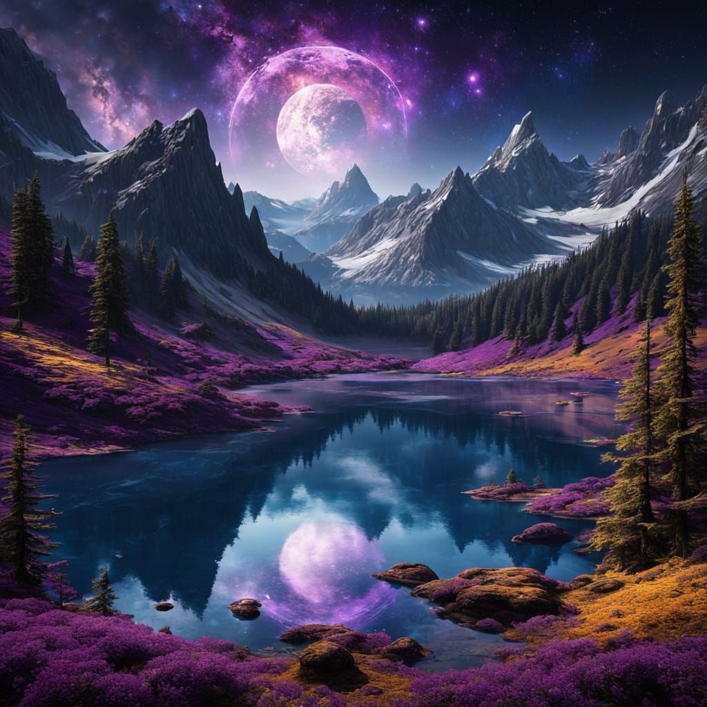 Alien Lake Among Forested Mountains in Deep Space