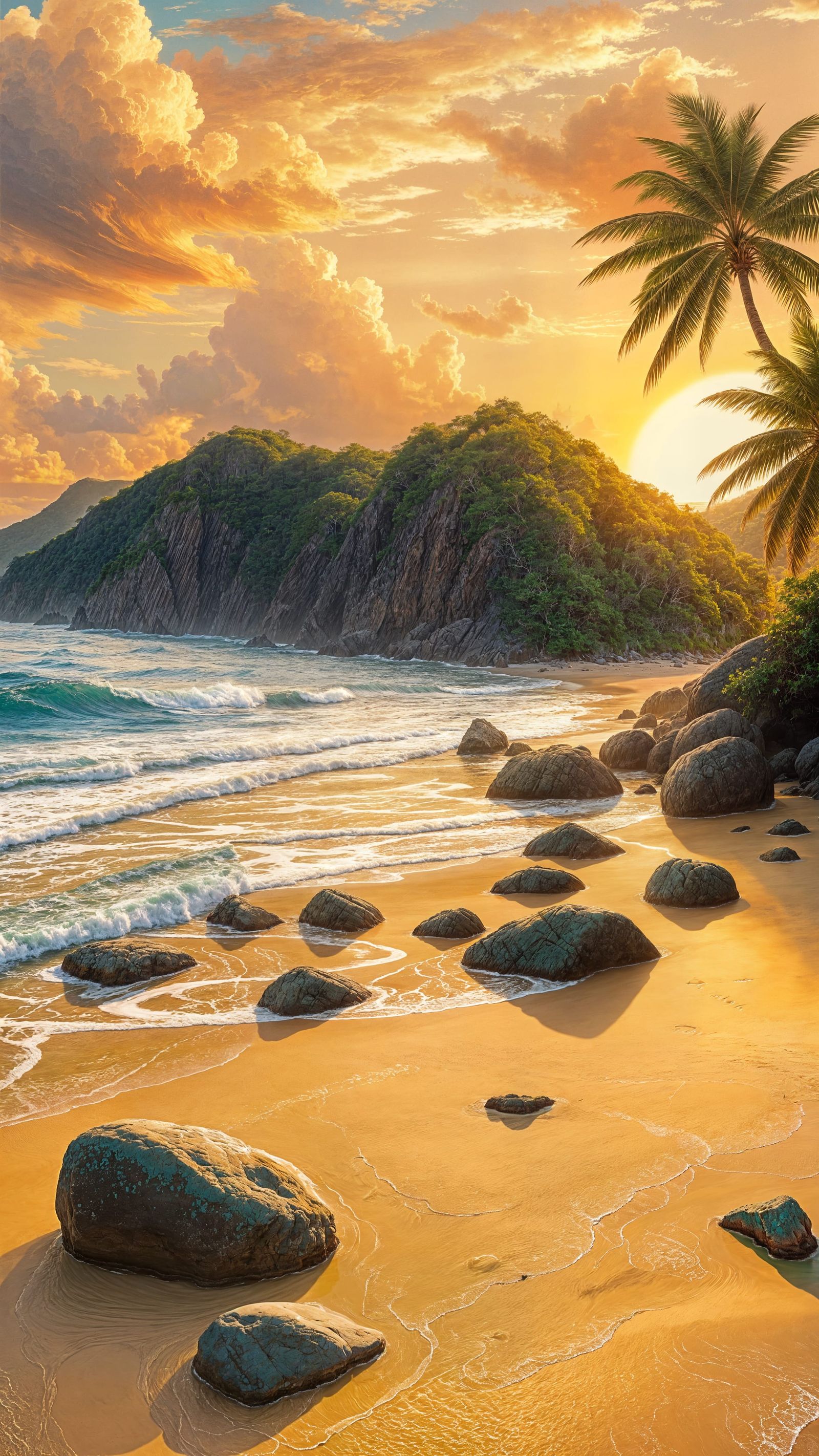 Tropical Sunset Paradise with Rocky Shoreline and Palm Trees