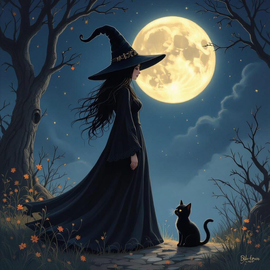 Wise Witch and Black Kitten Under Full Moon on Halloween Nig...