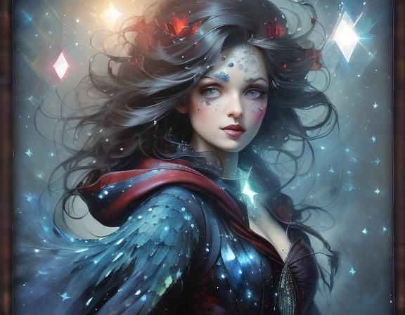 Mysterious Red Cloak Portrait in Pointillism Style