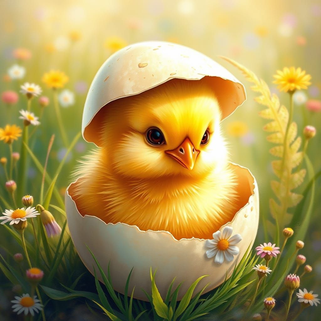 Whimsical Chick Emerges from Egg in Enchanted Fantasy World