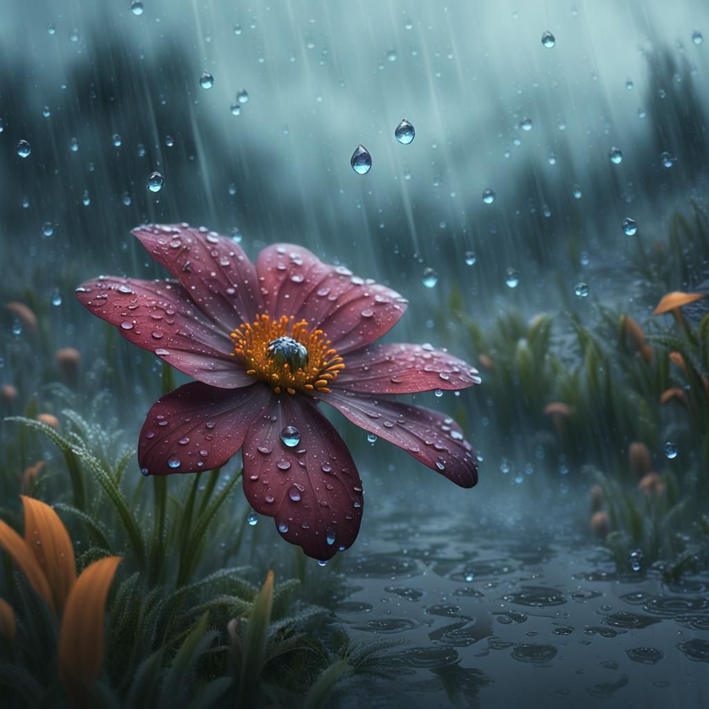 Flower with Raindrops in Morning Fog: Detailed Matte Paintin...