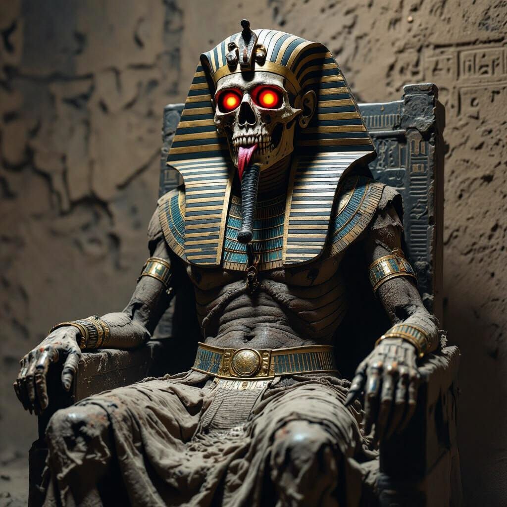 Grotesque Pharaoh on Throne in Dark Realism Style