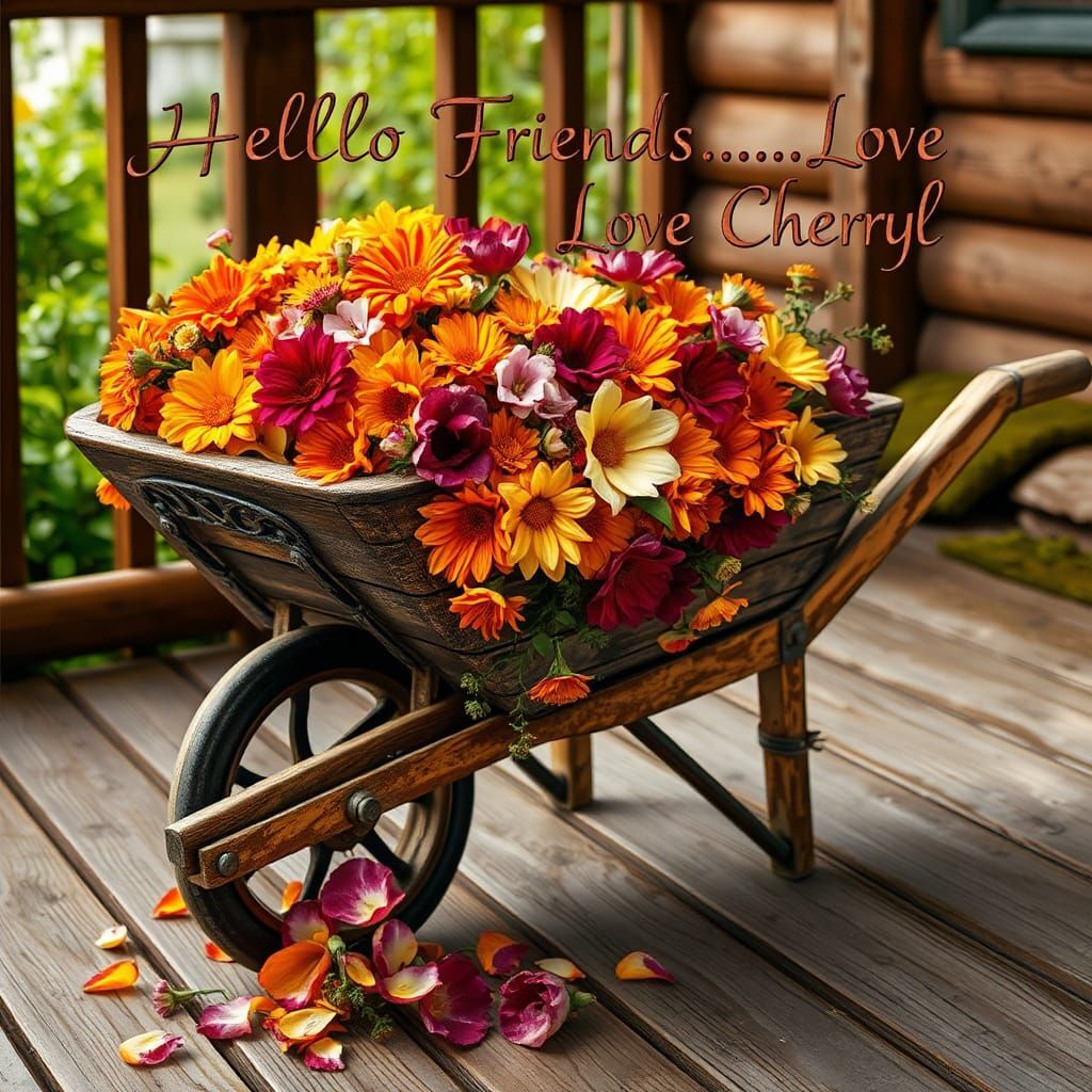 Rustic Wheelbarrow with Flowers in Matte Painting Style