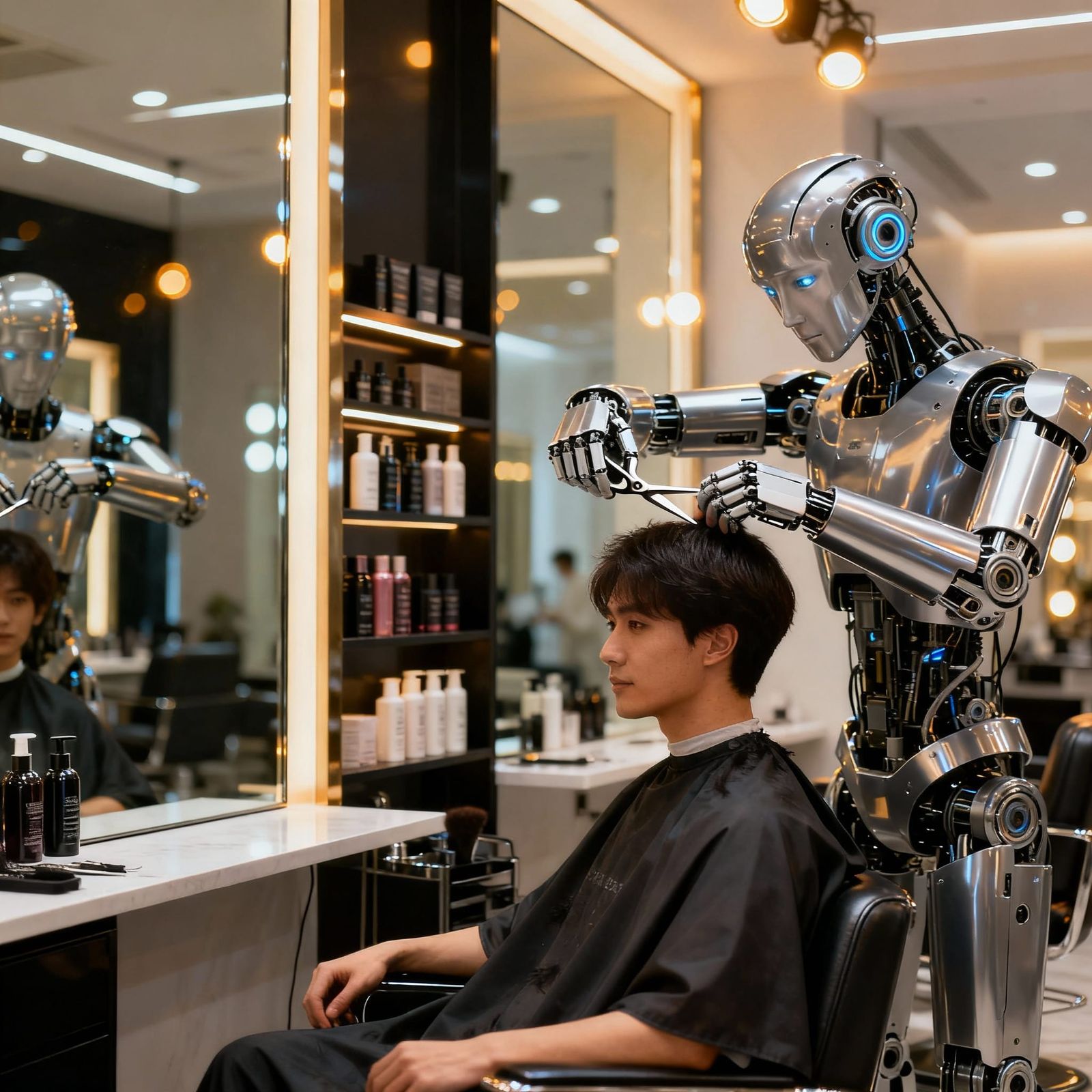 Futuristic Robot Barber Cuts Hair in Modern Salon