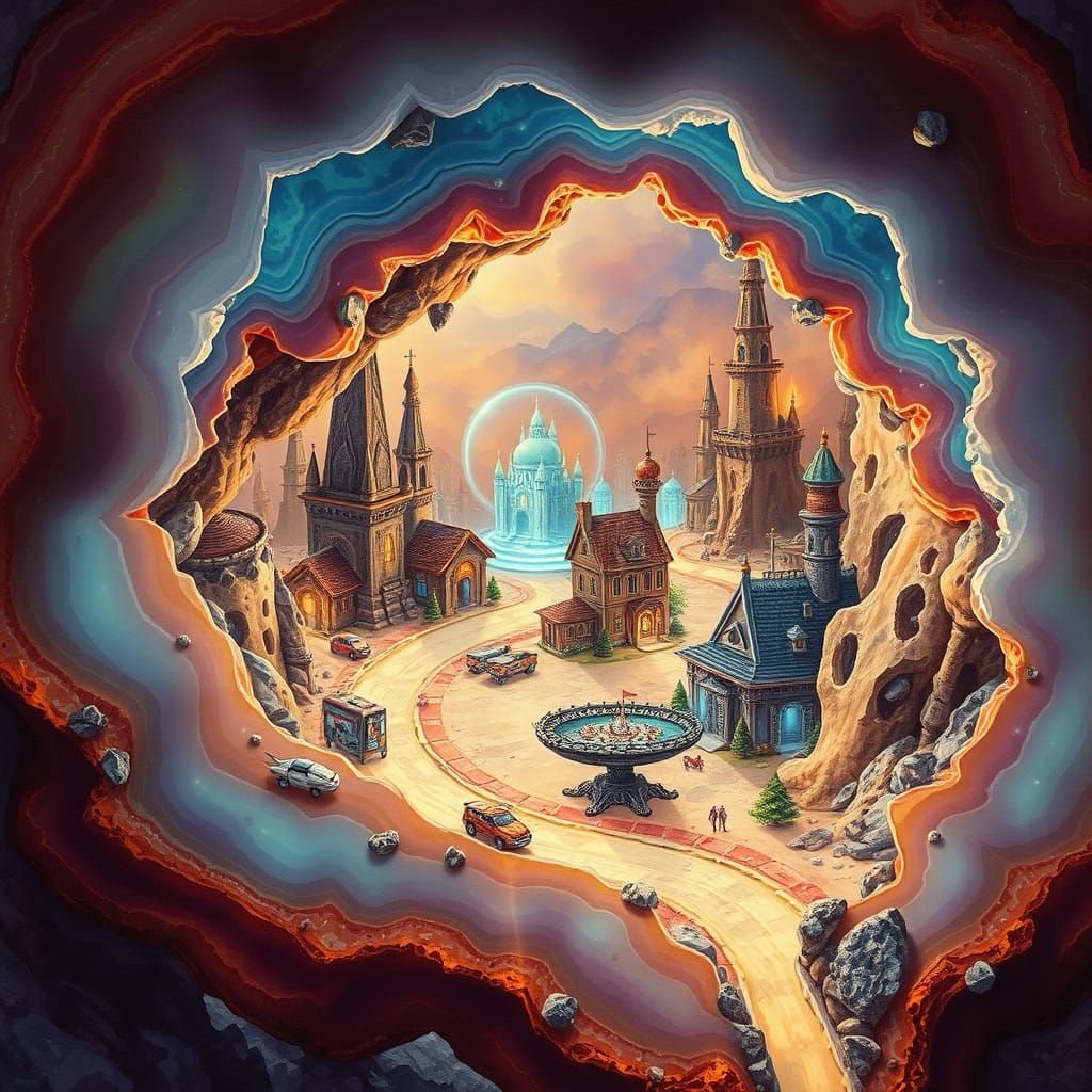 Miniature City Inside Geode, Retro Sci-Fi Style