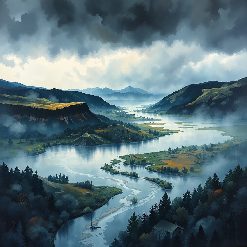 Vibrant Gouache Masterpiece Depicting a Stormy Valley