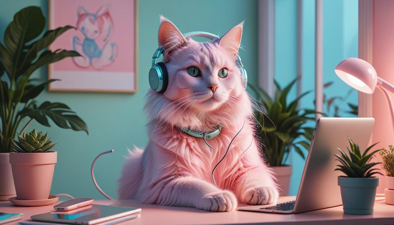 Gen Z Cat Working in Pastel Bedroom: Digital Illustration