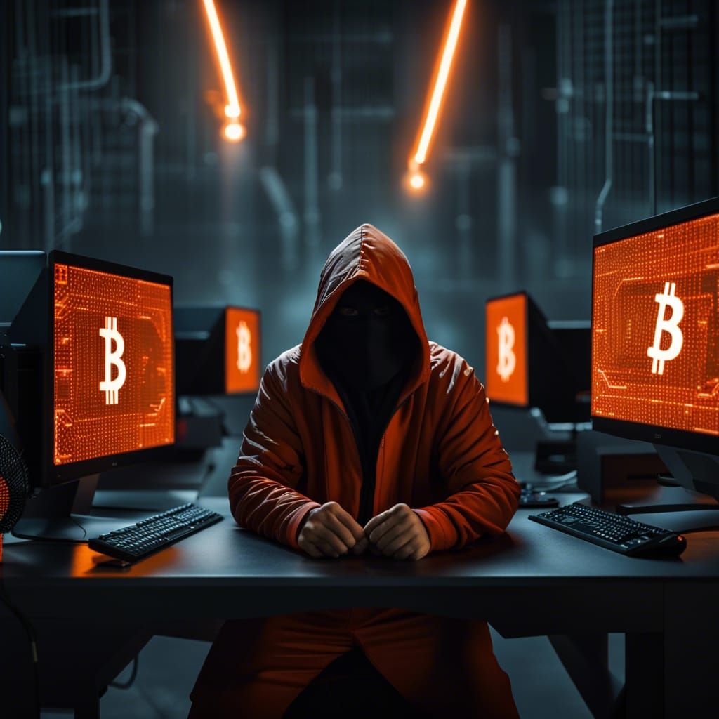 Realistic, Dark city, hacker, man, around multiple computers, bitcoin logo, orange fire and lightning in background, hoo...