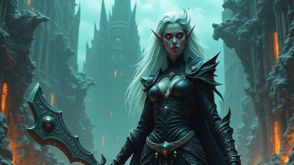 Ethereal Drow Warrior in Monochromatic Brutalist Castle