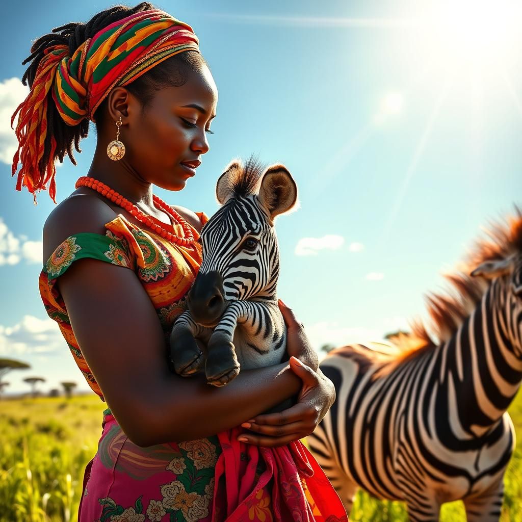 African Woman Cradling Zebra in Sunny Savannah