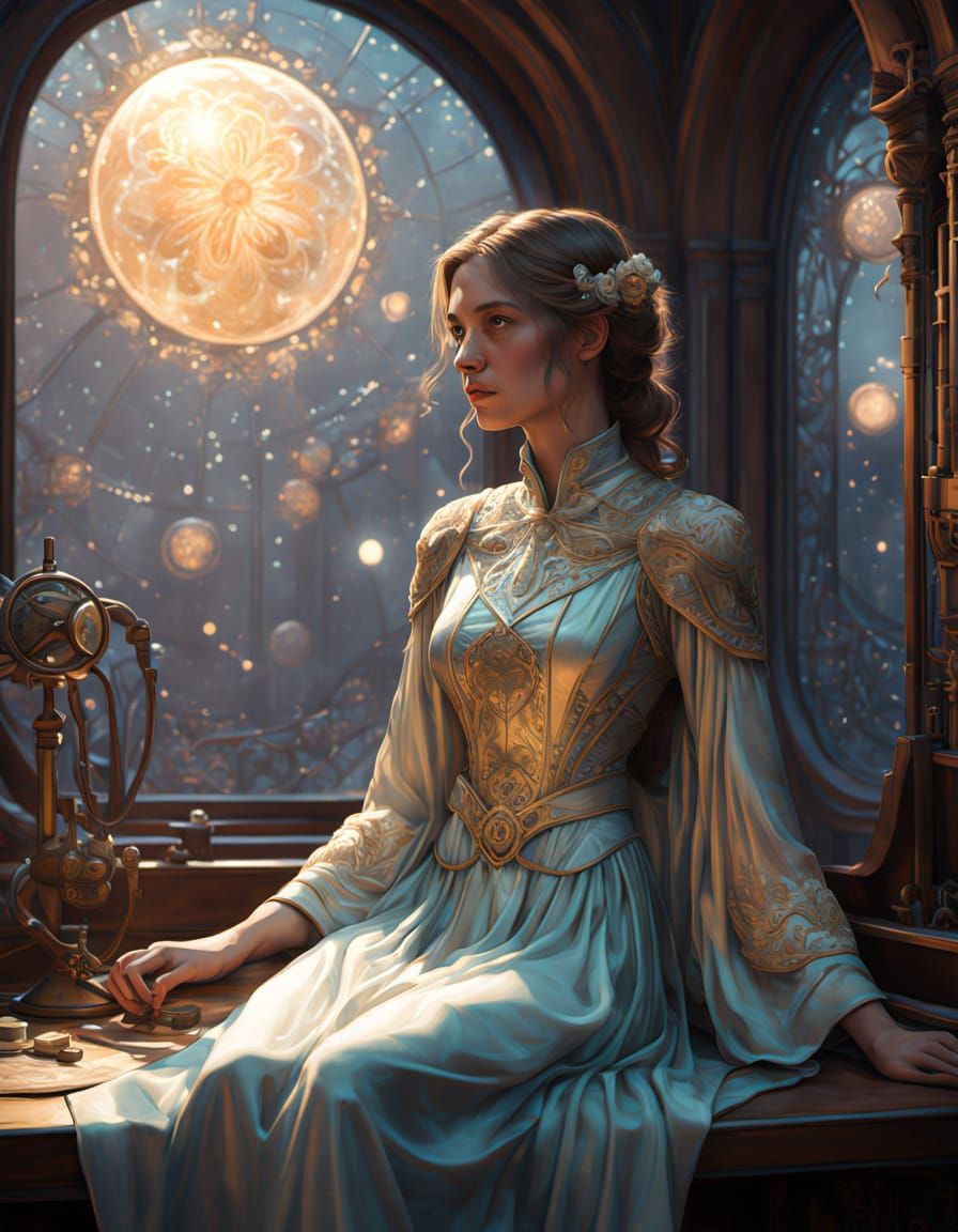 Ethereal Seamstress Weaving Starlight Gowns: Art Nouveau