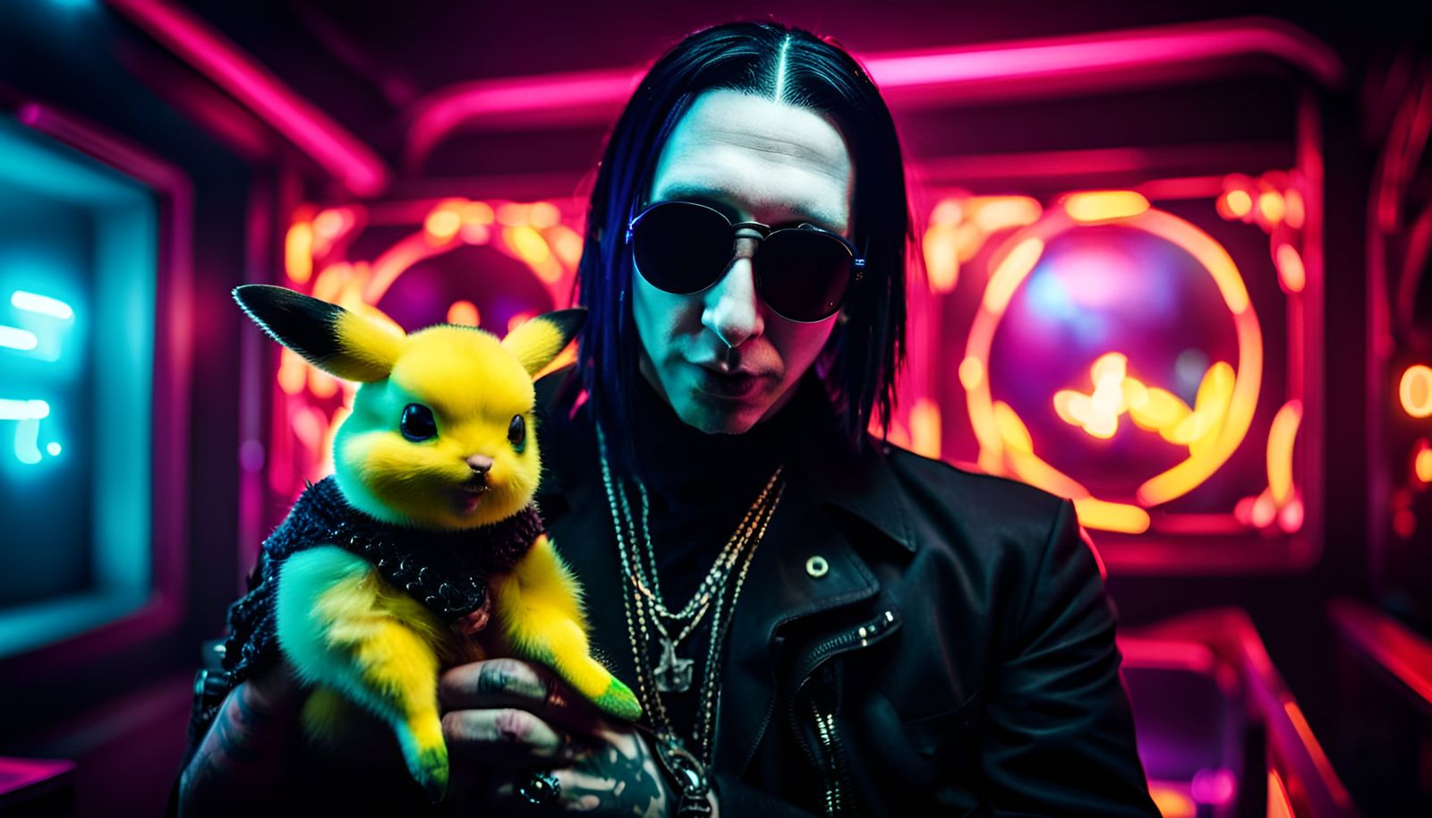 Marilyn Manson and Pikachu in a Neon Dungeon