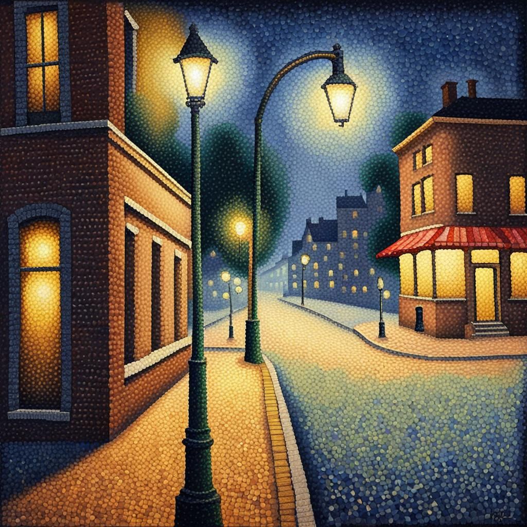 Pointillist Street Corner in Georges Seurat Style