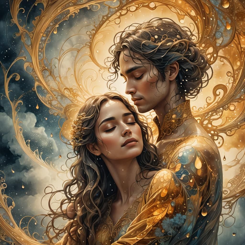 Embrace in a Raindrop: Surreal Etching and Watercolor Art