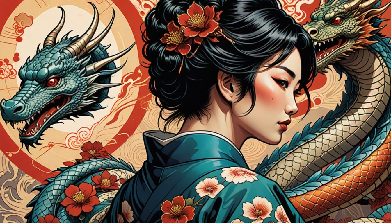 Geisha with Dragon Tattoo in Comic Book Style