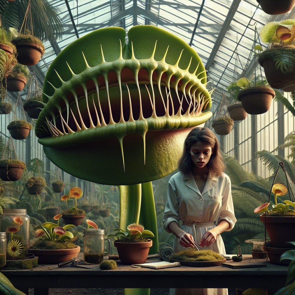 Botanist and Giant Venus Flytrap in Greenhouse