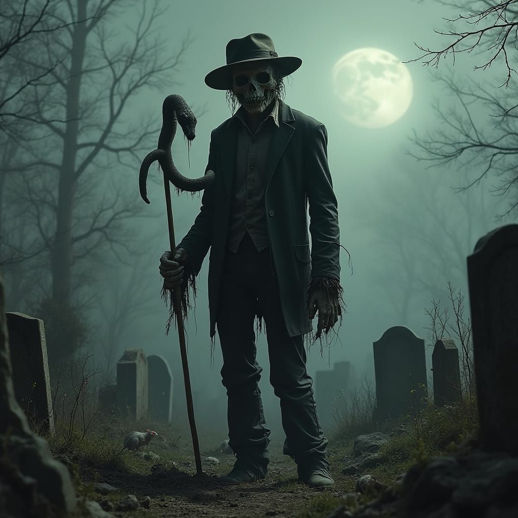 Spooky Scarecrow in Abandoned Graveyard, Horror Art