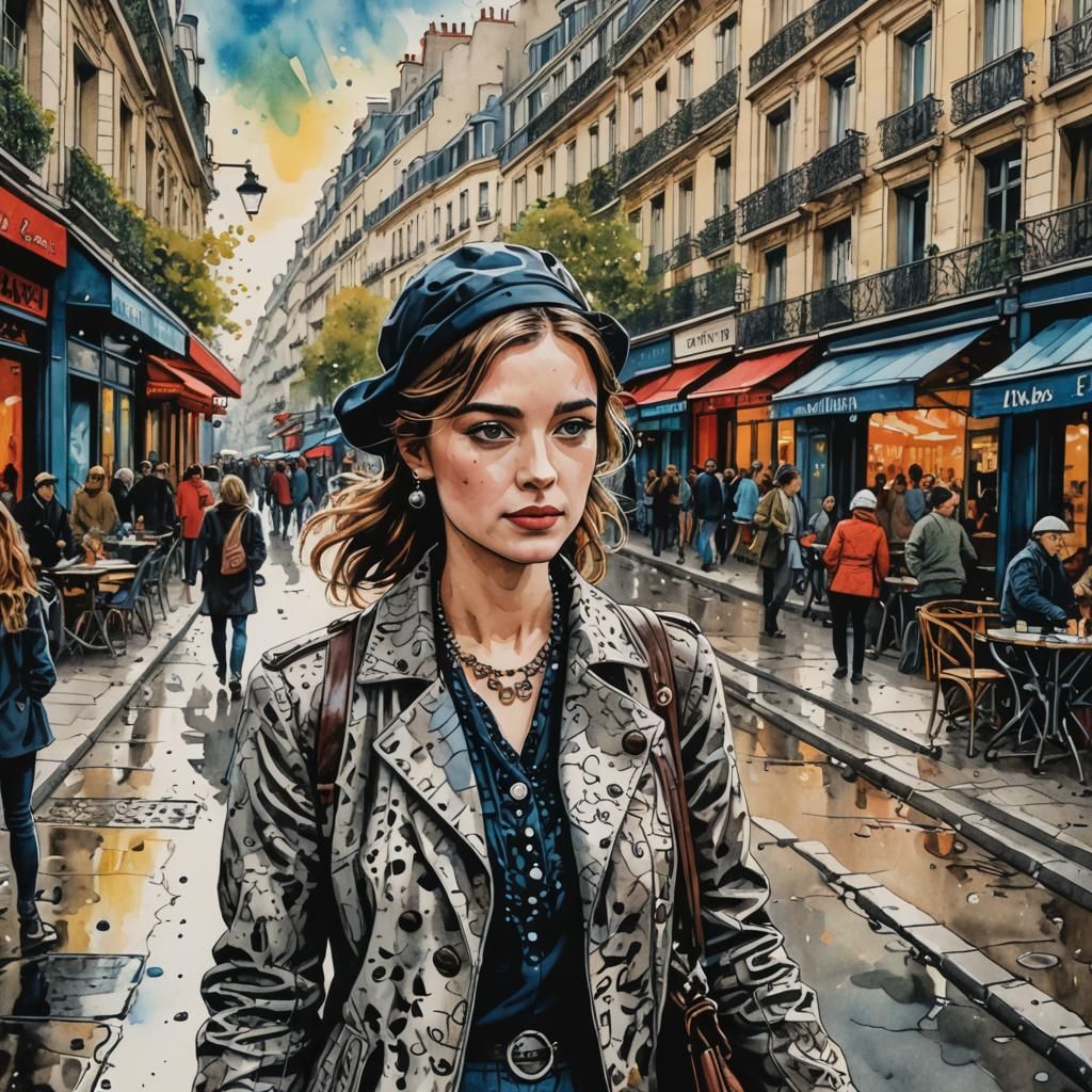 Pen and ink drawing of a parisienne scene