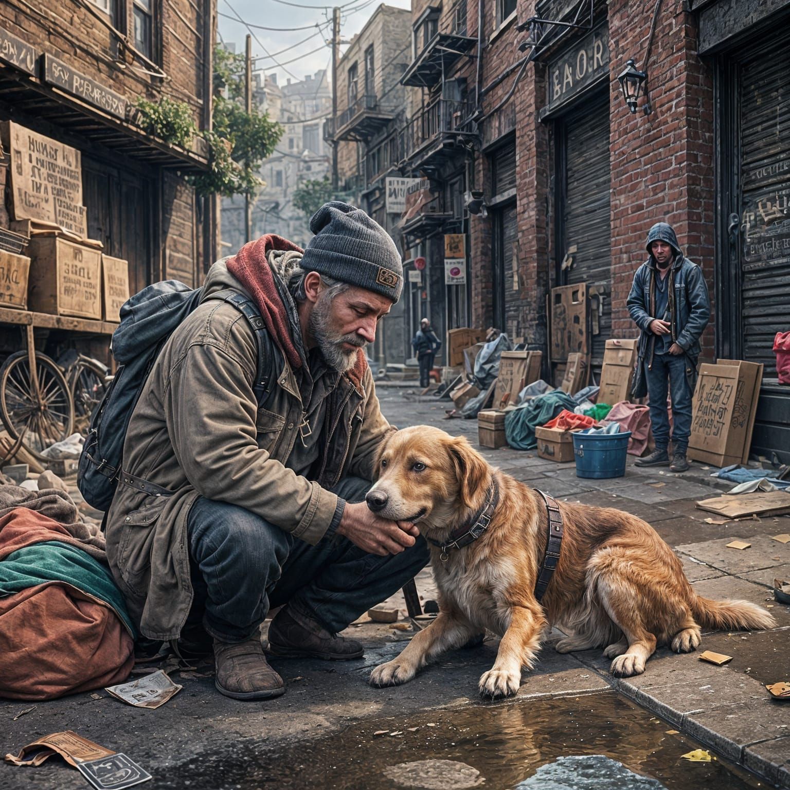 Homeless Man and Dog, Detailed Matte Painting