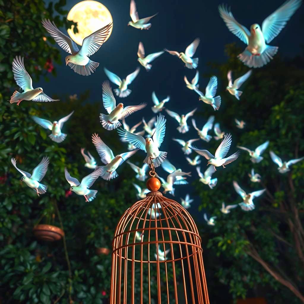 Glowing Birds Bursting Free from Antique Cage