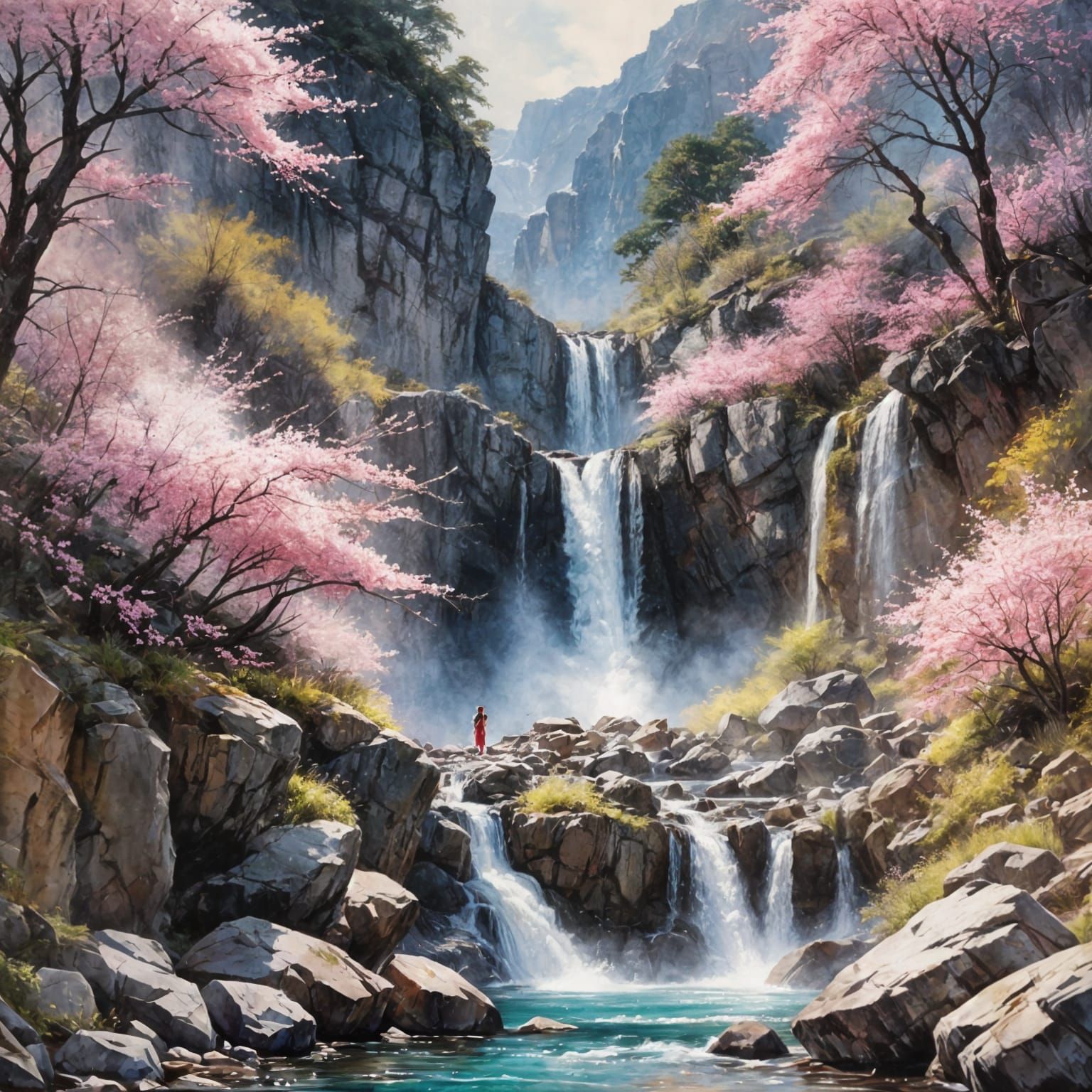 Sakura Waterfall: A Watercolor Blossom Landscape