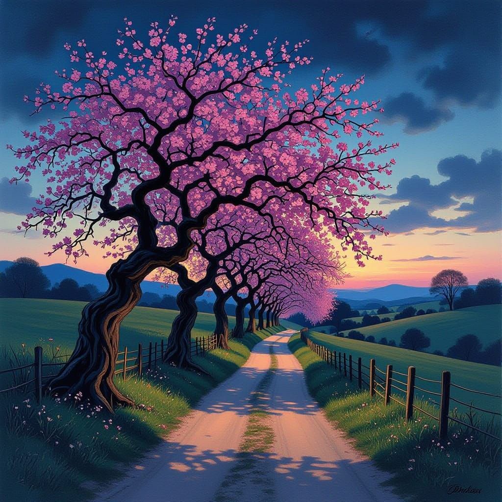Surreal Cherry Blossom Avenue in Noctilucent Twilight