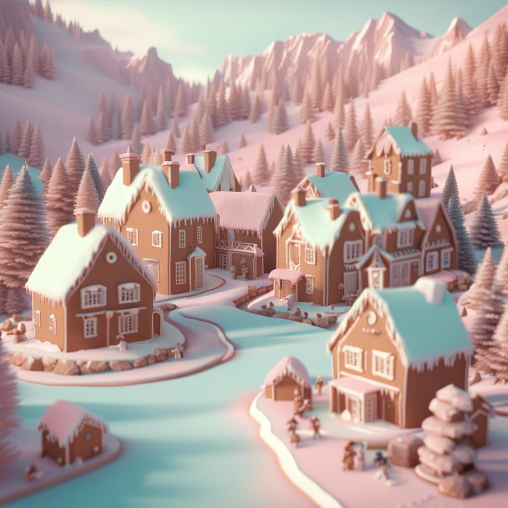 Gingerbread Mountain Village in Wes Anderson Style