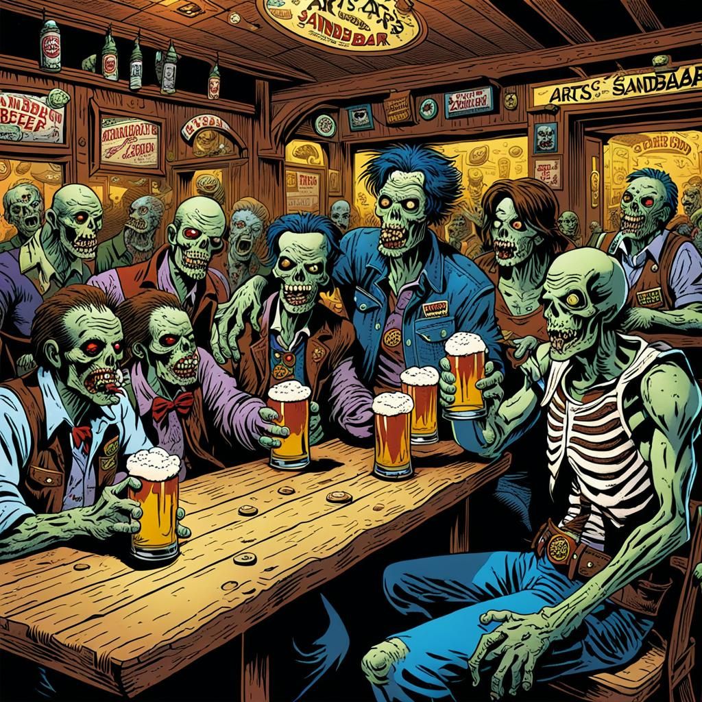 Zombies Enjoying Beer in a Comic Book Saloon