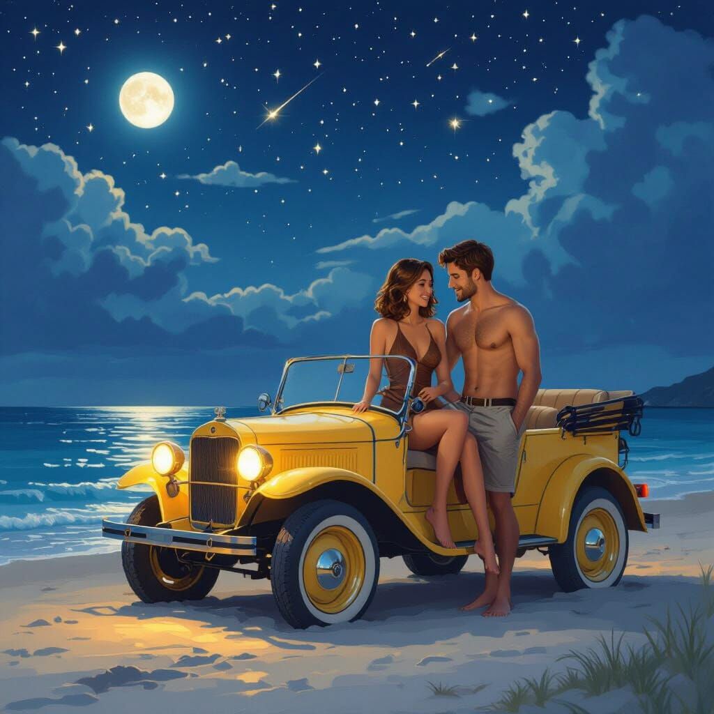 Couple Beside Vintage Buggy on Moonlit Beach