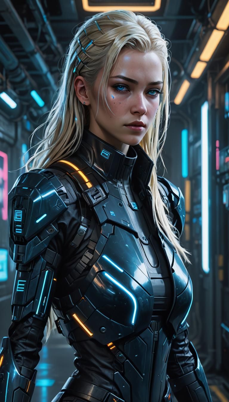 Cyberpunk Woman in Futuristic Corridor, Digital Art