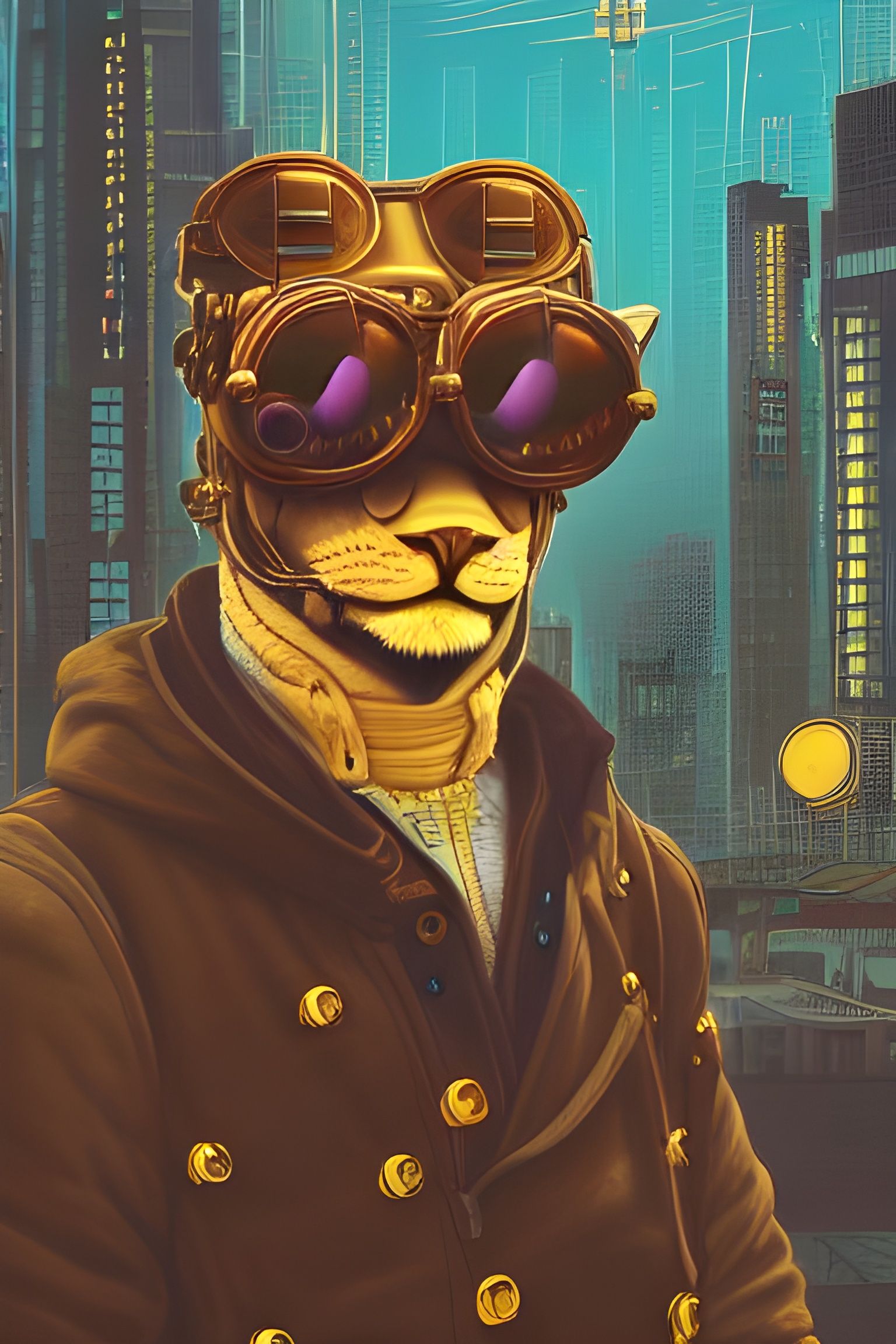 Steampunk Lion Portrait in Cyberpunk City, Digital Art