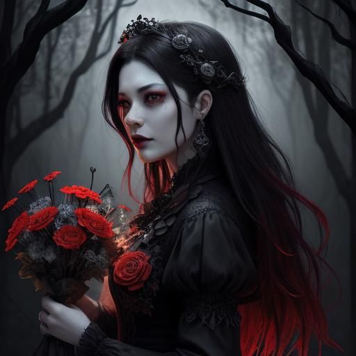 Goddess Princess Bleeding Flowers: Gothic Art Illustration