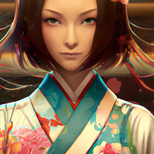 Detailed Kimono Portrait in an Art Nouveau Style