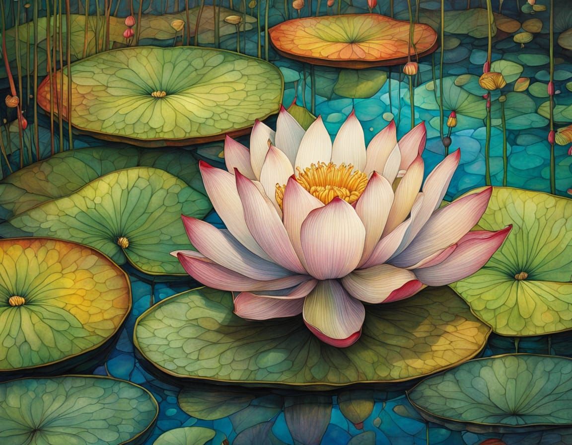 Multicoloured Lotus Flower in Summer Pond