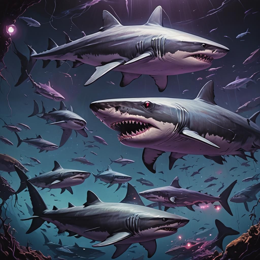 Mariana Trench Sharks in Dystopian Surrealism