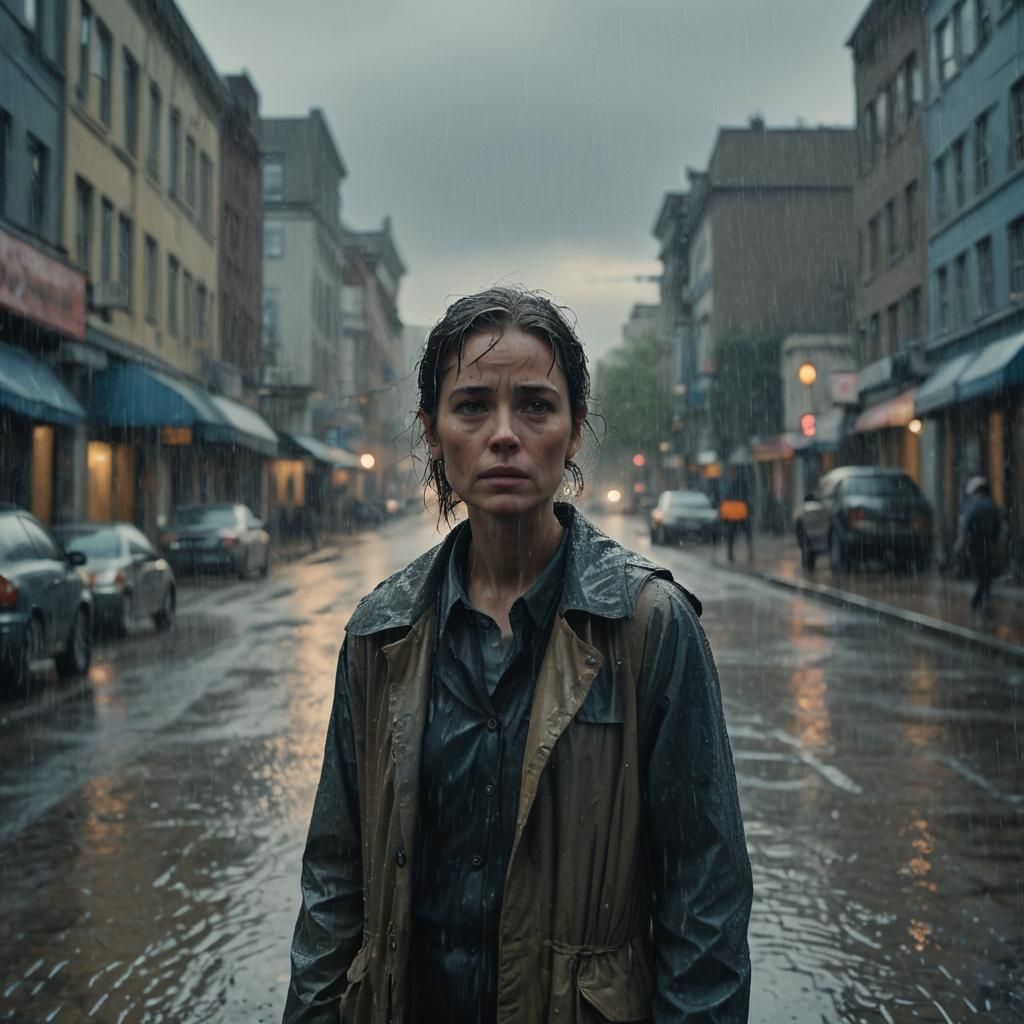 Resilient Figure Walking in Rain: Cinematic Still