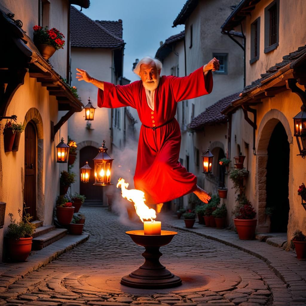 Old Man Jumps Over Candle in Medieval Town
