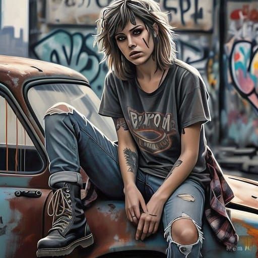 Grunge Oil Painting of a Moody Young Woman on a Car Hood